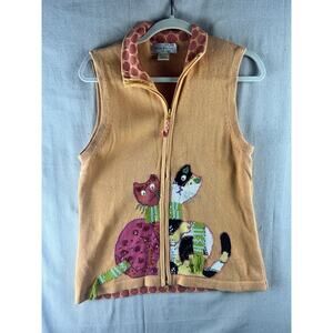 Susan Bristol Cats Sweater Vest Womens Large Orange Pink Beaded Calico Sequins